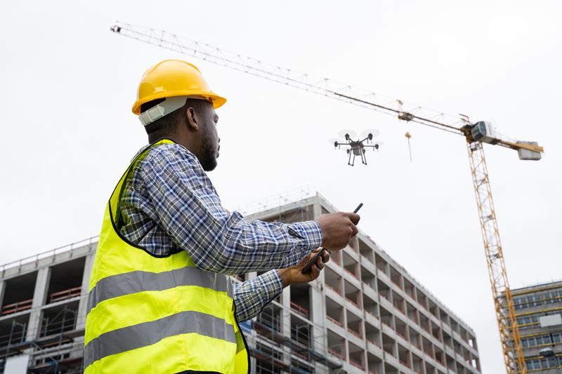 A construction worker wearing a yellow hard hat and a high visibility vest is piloting a drone at a construction site